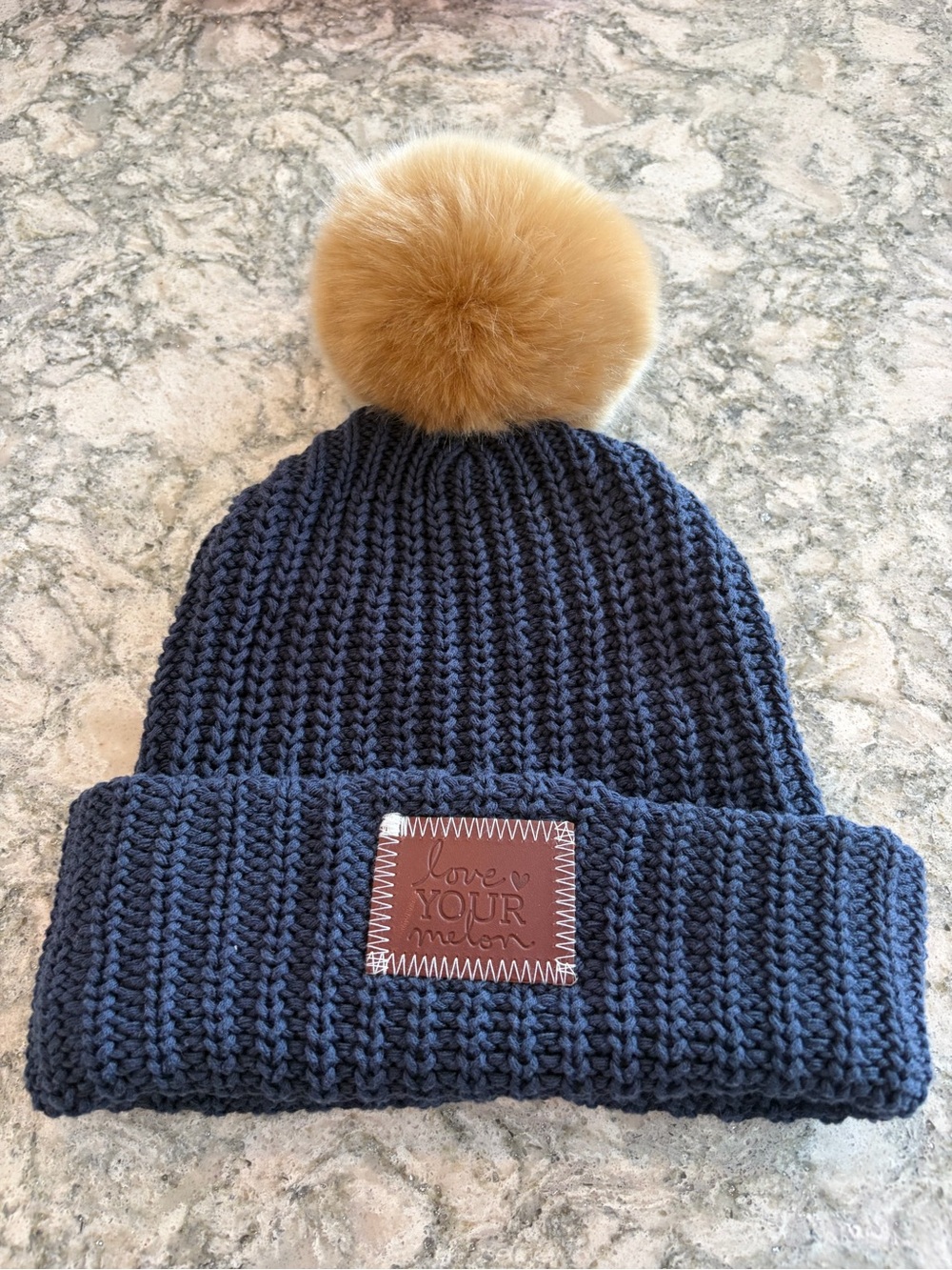 Love Your Melon Navy Knit Beanie with Tan Pom